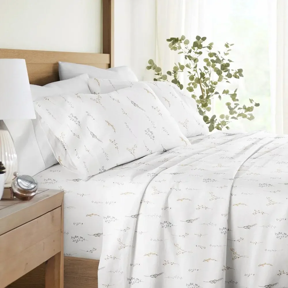 New CALIFORNIA KING Wild Garden White Floral 100% Cotton Deep Pocket Sheet Set